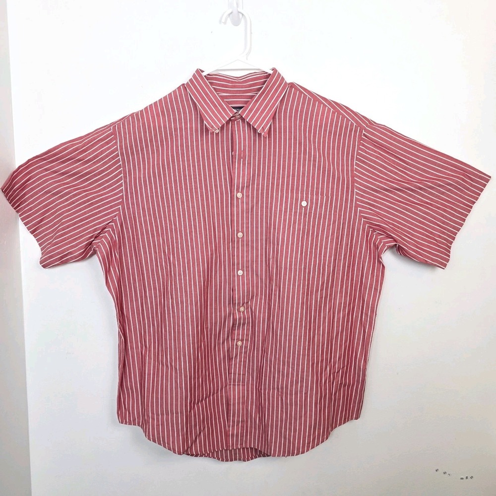 Lands' End Red White‎ Striped Classic Short Sleeve Button Down Shirt Size XL